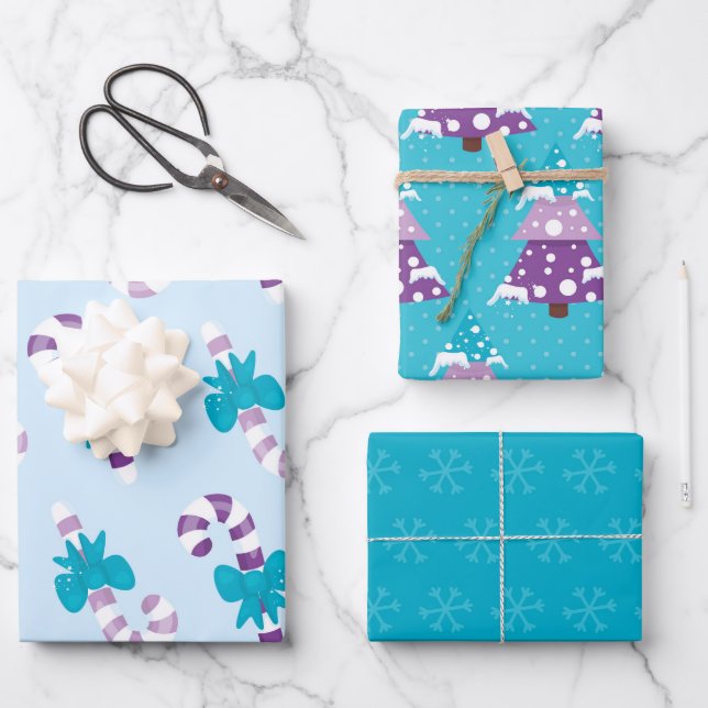 BLAUE & LILA FERIENBÄUME CANDY CANDY CANES GESCHENKPAPIER SET (Vorderseite)