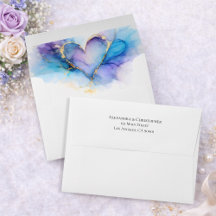 Blaue Lila Gold Aquarell-Herz-Hochzeitsumschlag