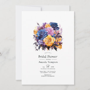 Blaue, lila, goldene und schwarze florale Brautpar Einladung