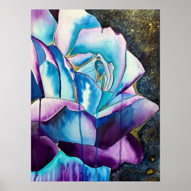 Blaue lila gotische Aquarellkunst Rose Poster (Vorne)