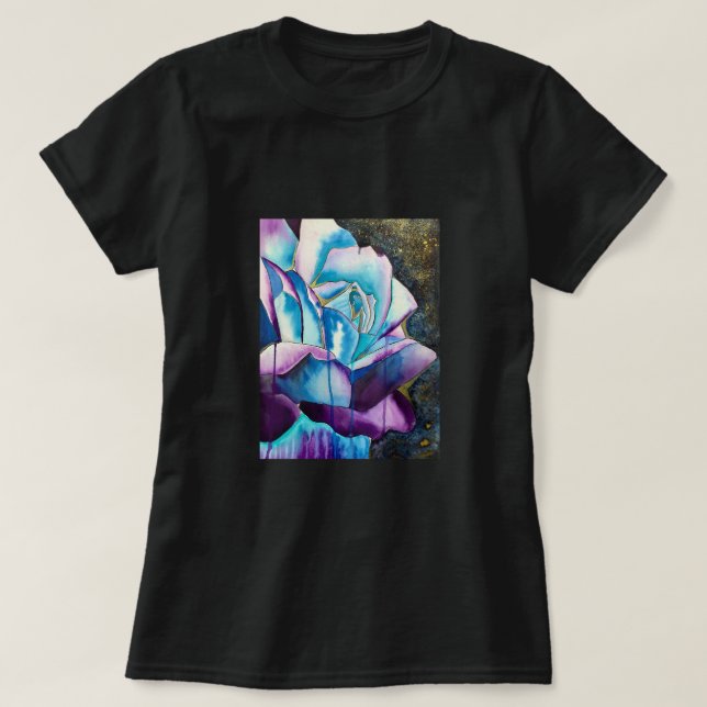 Blaue lila gotische Aquarellkunst Rose T-Shirt (Design vorne)