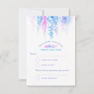 Blaue lila Hochzeitsantwort mit Aquarellkaskade RSVP Karte