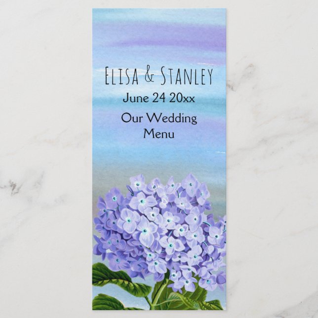 Blaue, lila Hydrangea Blume Hochzeitskarte Menükarte (Vorderseite)