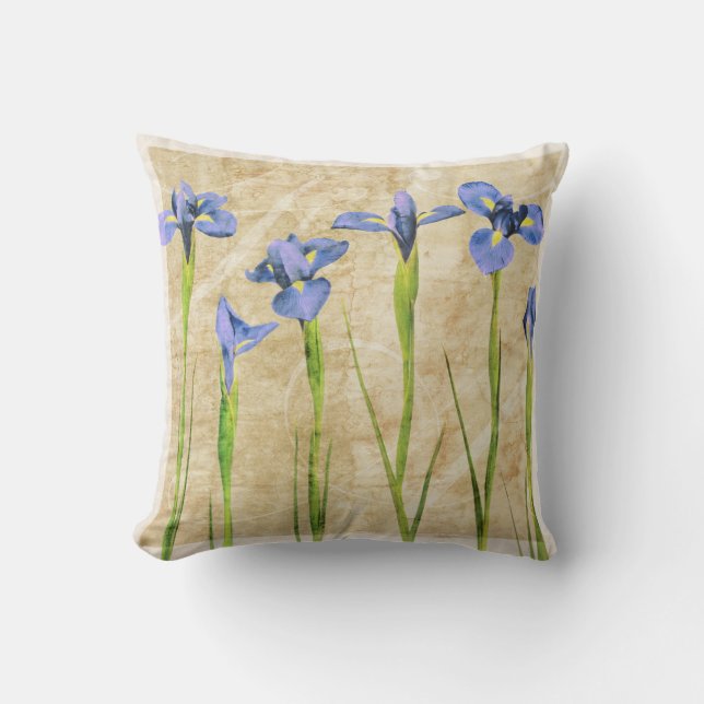 Blaue Lila Iris Blume Brauner Hintergrund Blumenbe Kissen (Vorderseite)