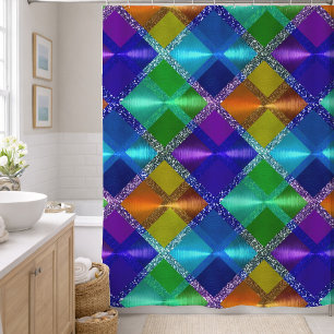 Blaue Lila Orange Grüne Glitter Kariertes Design Duschvorhang