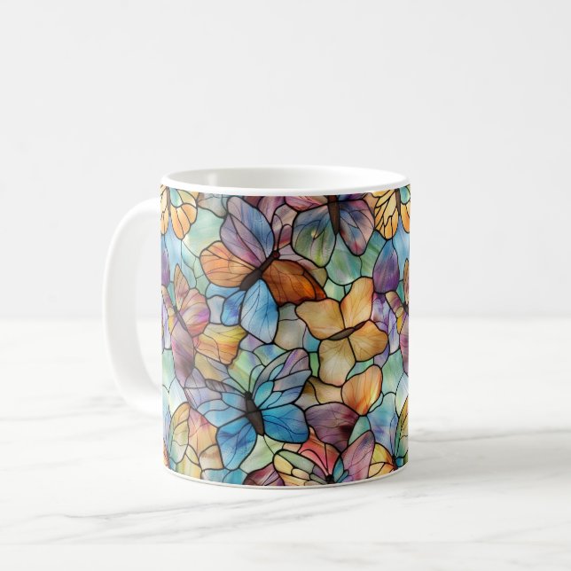 Blaue Lila Orangenschmetterlinge Kaffeetasse (Vorderseite Links)