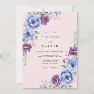 Blaue lila romantische Hochzeitsblumen Einladung