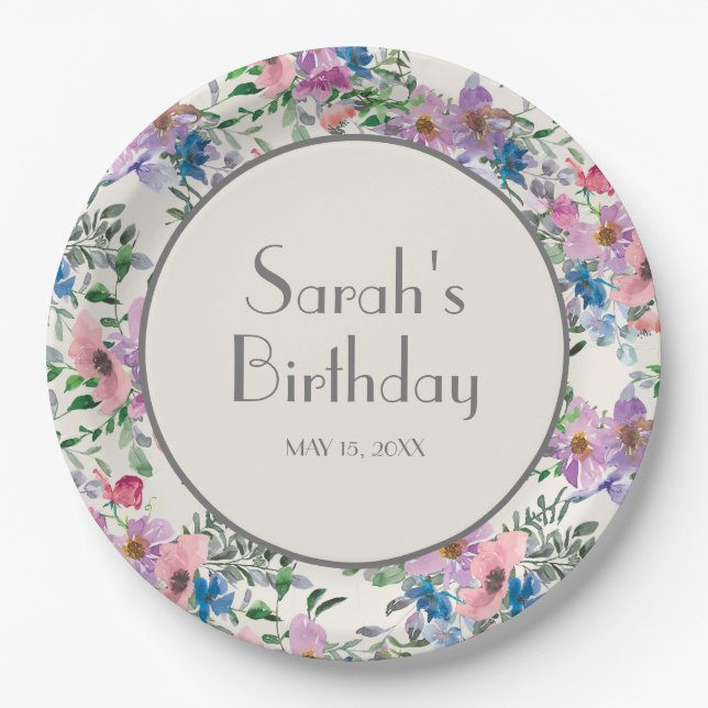 Blaue Lila rosa Aquarellfarben Blume Creme Sweet 1 Pappteller (Vorderseite)