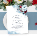 Blaue, Lila, rot-florale Himmelsblüten Hochzeit Einladung<br><div class="desc">Elegante Hochzeitseinladung mit zarten blauen Aquarellfarben-Flecken, die unterhalb der exquisiten Wasserfarben-Blumenecke liegen und Ihre Hochzeitsdetails umrahmen. Blume und Blätter in harmonischer Kombination aus staubblauen, marinen, bordeauxroten, magentafarbenen, beerischen und lila Farbtönen. Einladung mit "Die Ehre Ihrer Anwesenheit" oder "das Vergnügen Ihres Unternehmens" Formulierung. Auch verfügbar "Gemeinsam mit ihren Familien / Eltern"...</div>