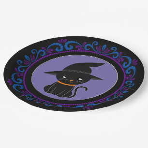 Blaue Lila schwarze Katze mit einem Hexenhuttholz Pappteller