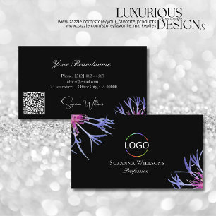 Blaue Lila Sternblume auf Schwarz mit Logo QR-Code Visitenkarte