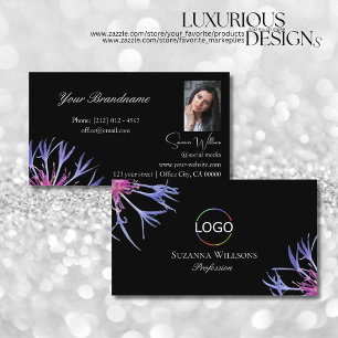 Blaue Lila Sternblume Schwarz mit Logo und Foto Visitenkarte