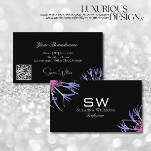 Blaue Lila Sternblume Schwarz Monogramm und QR-Cod Visitenkarte