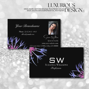 Blaue Lila Sternenblume Schwarz mit Monogramm Foto Visitenkarte