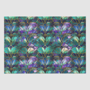 Blaue, lila und goldene Pfauen-Buntglas-Dekoration Seidenpapier