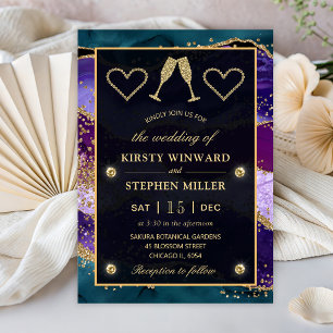 Blaue, Lila und Goldene Pfauenachat-Hochzeit Einladung