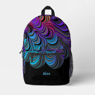 Blaue, Lila und graue Blüten auf schwarz Bedruckter Rucksack