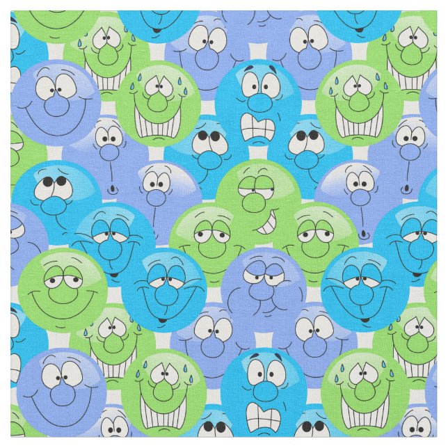 Blaue, Lila und grüne 😀 Emoji-Muster Stoff (Nahaufnahme)