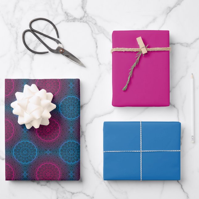 Blaue Lila und rosa Zirkel Mandala Geschenkpapier Set (Vorderseite)