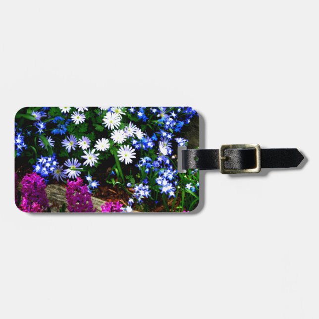Blaue lila und weiße Blumenentwurfs-Produkte Gepäckanhänger (Vorderseite horizontal)