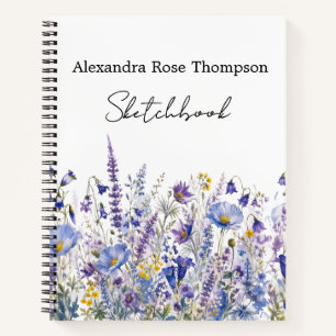 Blaue Lila Wildblumen-Aquarell-Skizzenbuch Notizbuch