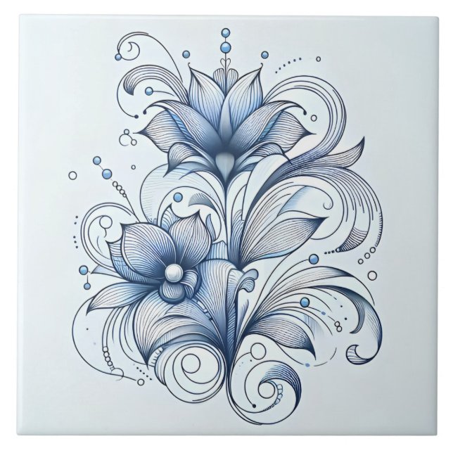 Blaue Linie Kunst Abstrakte Blume Dekoration Fliese (Vorderseite)