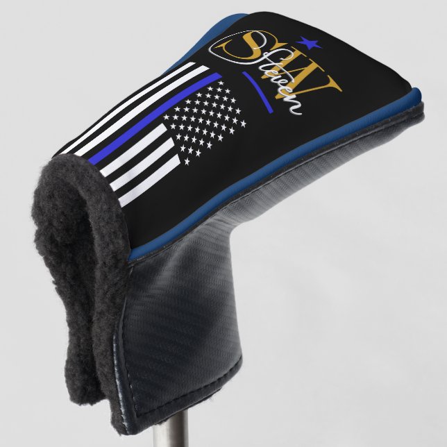 Blaue Linie und Mit Monogramm Name / Moderne Unter Golf Headcover (3/4 Vorderseite)