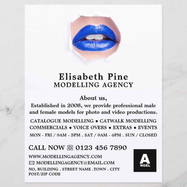 Blaue Lippen, Modellierungsagentur, Modell-Agent Flyer (Vorne)