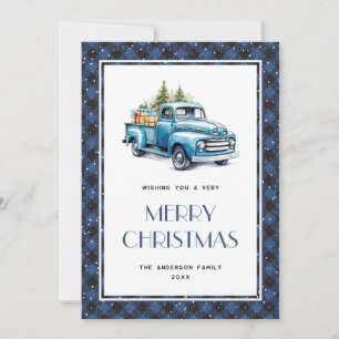 Blaue LKW-Buffalo-Karo-Weihnachtskarten Feiertagskarte