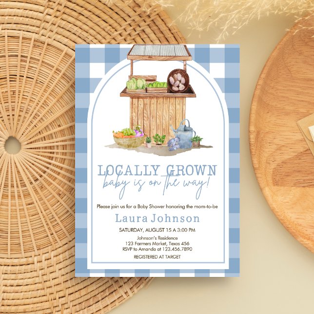 Blaue, lokal angebaute Babydusche Einladung (Blue Locally Grown Farmers Market Baby Shower Invitation )