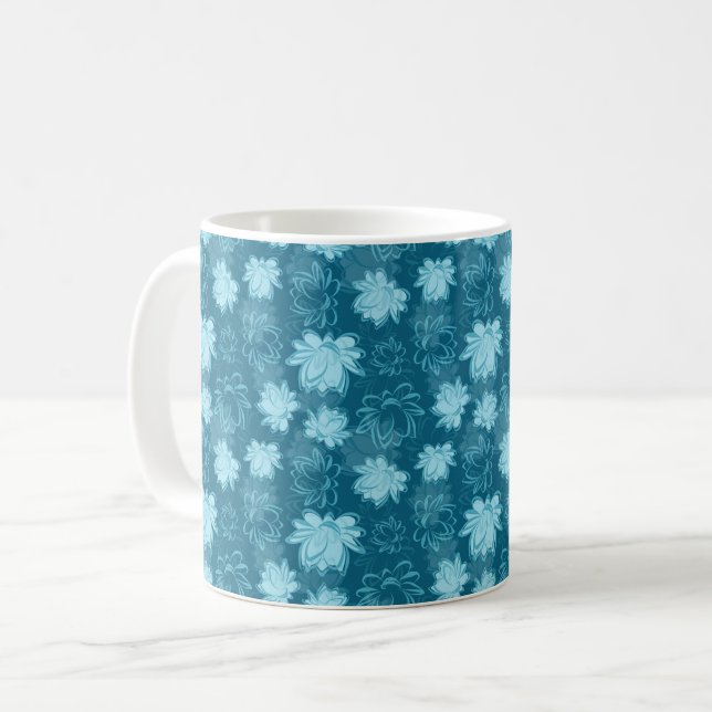 Blaue Lotus-Blume Muster auf türkisfarbenem Hinter Kaffeetasse (Vorderseite Links)