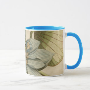 Blaue Lotusblume auf beigem Hintergrund mit Schrif Tasse