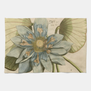 Blaue Lotusblume auf braunem Hintergrund mit Schri Küchentuch