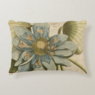 Blaue Lotusblume auf braunem Hintergrund mit Schri Zierkissen