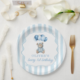 Blaue Luftballons Teddybär Geburtstag Papierplatte Pappteller