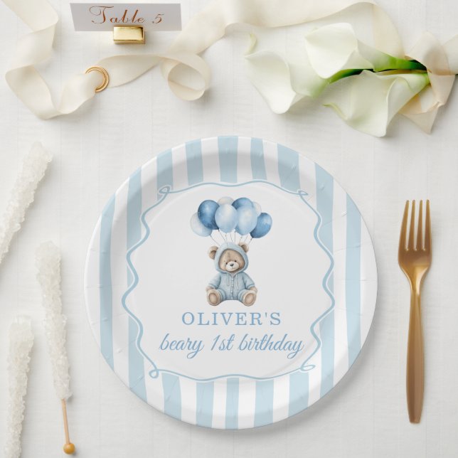 Blaue Luftballons Teddybär Geburtstag Papierplatte Pappteller (Hochzeit)