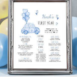Blaue Luftballons und Auto 1. Geburtstagsmeilenste Poster