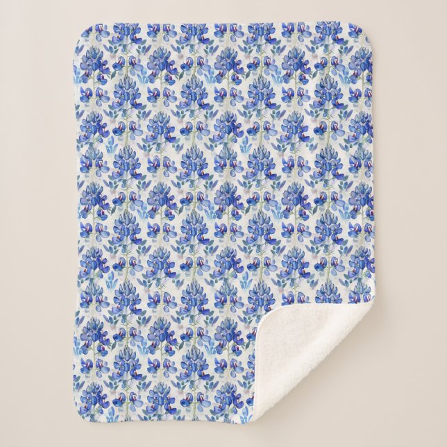 Blaue Lupinen-Blumenmuster Blau und Weiß Sherpadecke (Vorderseite)