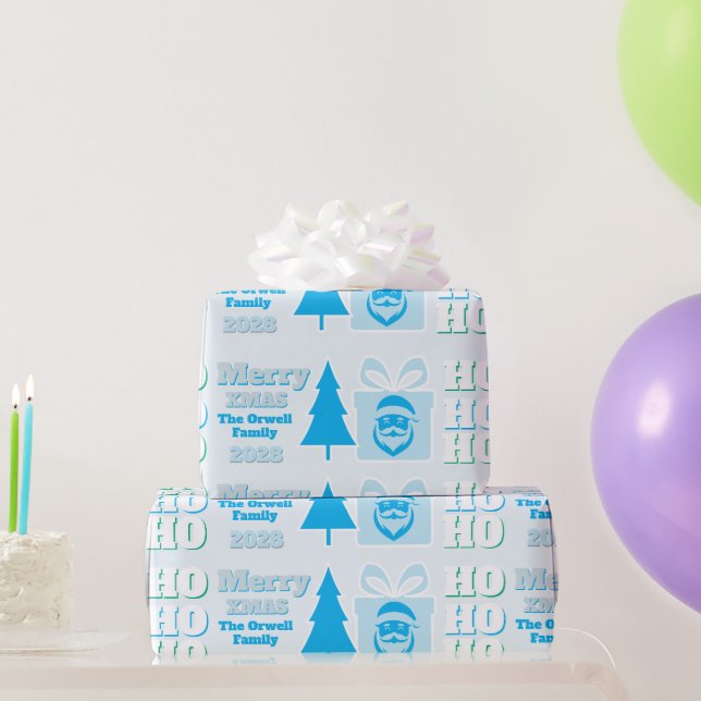 Blaue lustige Santa-Gesicht-Logo Ho Ho Ho Nachrich Geschenkpapier (Partygeschenke)
