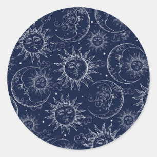 Blaue magische Vintage-Himmelssonne Mond Sterne Pa Runder Aufkleber