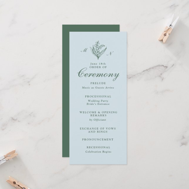Blaue Maiglöckchen-Monogramm-Hochzeitsprogramm Einladung (Vorderseite/Rückseite Beispiel)