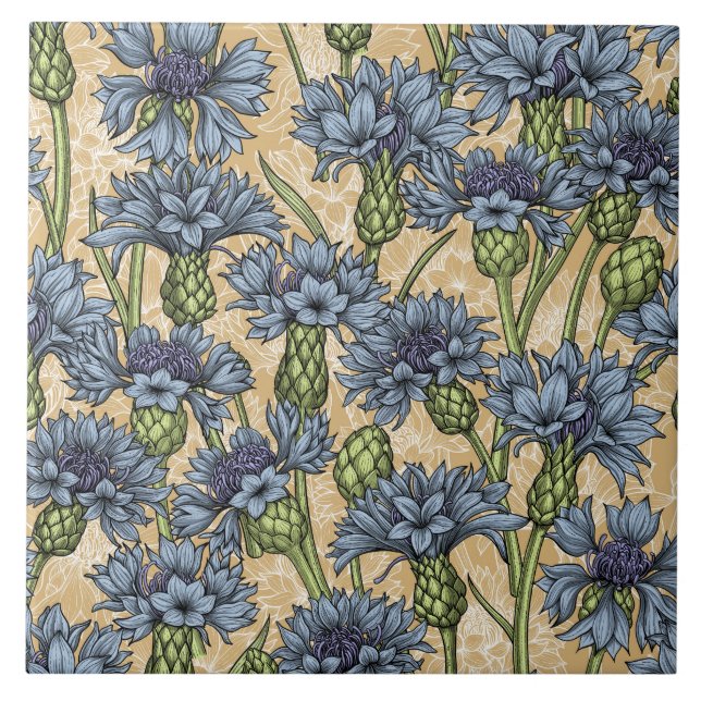 Blaue Maisblumen, wilde Blume auf Honiggelb Fliese (Vorderseite)