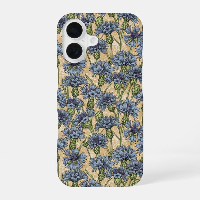 Blaue Maisblumen, wilde Blume auf Honiggelb iPhone 16 Hülle (Rückseite)