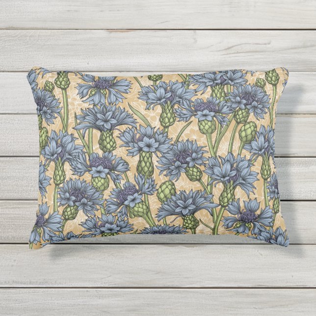 Blaue Maisblumen, wilde Blume auf Honiggelb Kissen Für Draußen (Vorderseite)