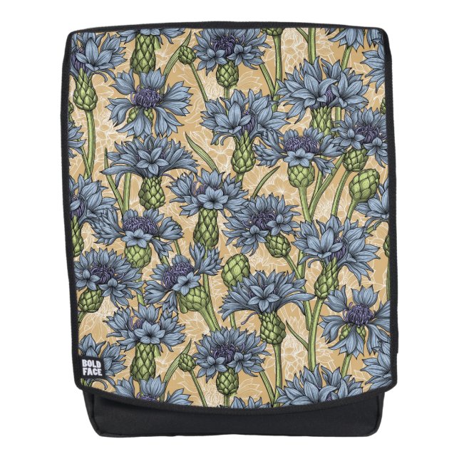 Blaue Maisblumen, wilde Blume auf Honiggelb Rucksack (Vorderseite)