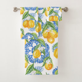 Blaue Majolika-Fliese und Aquarell-Limonen Badhandtuch Set