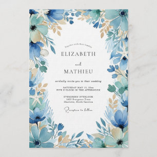 Blaue malerische Blumenzauber-Hochzeit Einladung