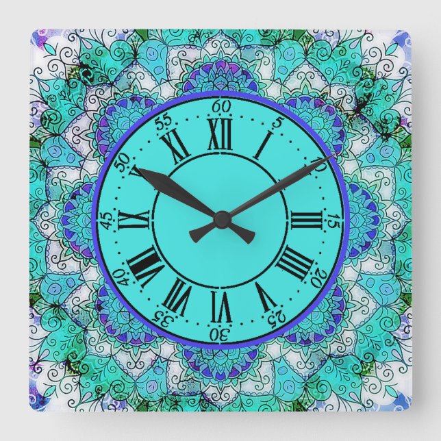 Blaue Mandala Akrylic Wall Clock Quadratische Wanduhr (Vorderseite)