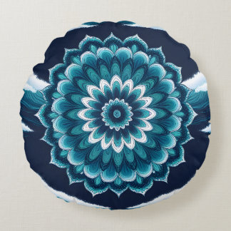 Blaue Mandala-Blumen-Rundkissen | Boho Rundes Kissen