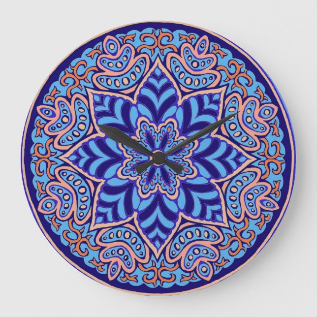 Blaue Mandala-Wanduhr Große Wanduhr (Vorderseite)